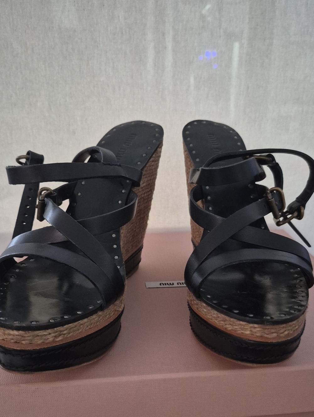 Miu Miu Black Leather Cross-Strap Espadrille Wedge Sandals